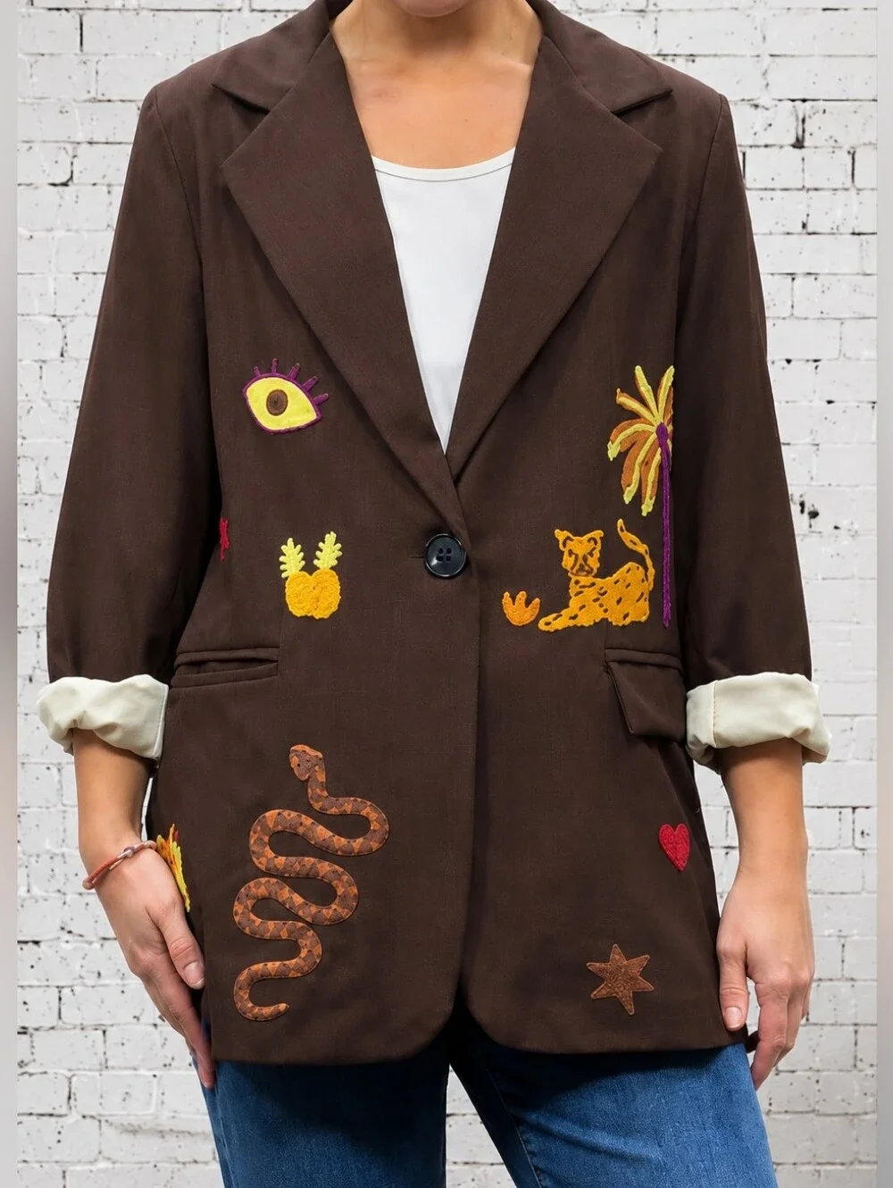 Zeta Otto Embellished Leopard Cheetah Snake Jacket - Chocolate Brown